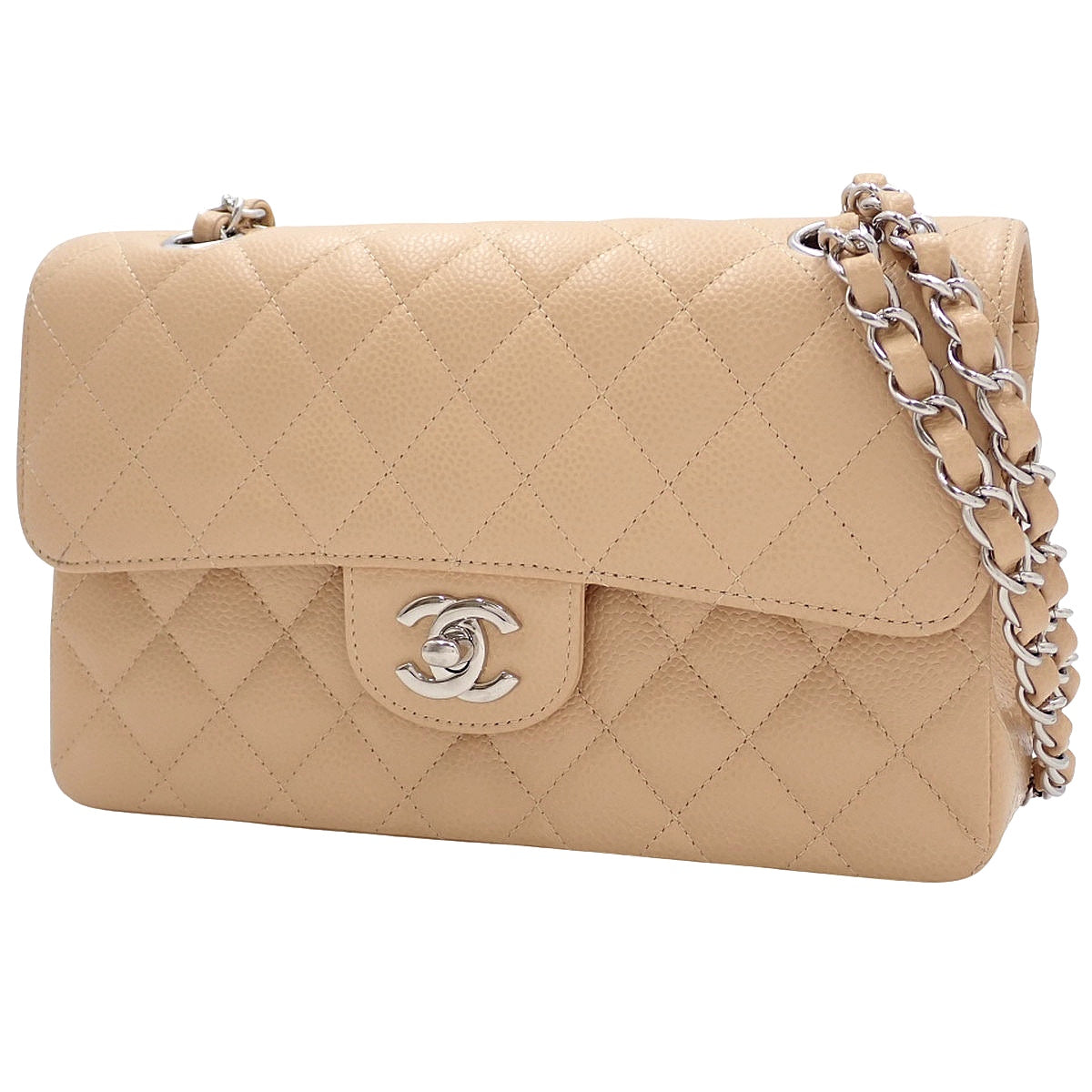Matelasse W-Flap 23 Chain Shoulder Bag in Beige Caviar Skin (A01113)