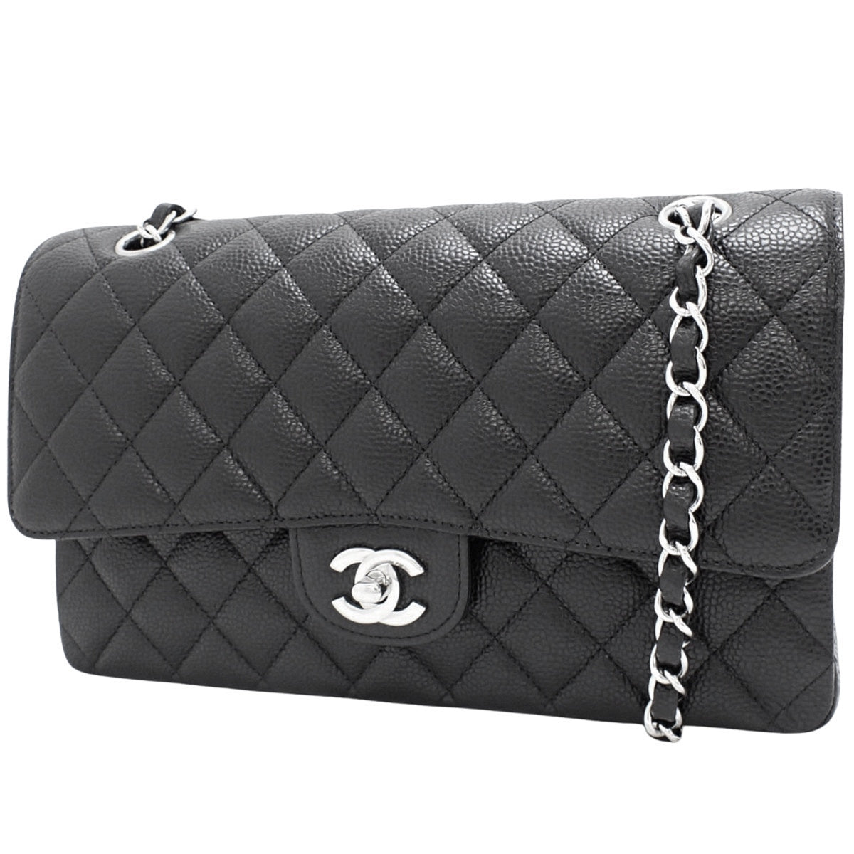 ココマーク Wフラップ25 チェーンショルダーバッグ キャビアスキン ブラック