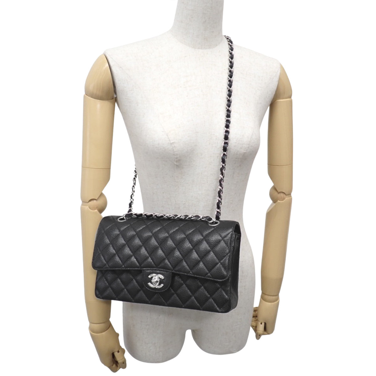 ココマーク Wフラップ25 チェーンショルダーバッグ キャビアスキン ブラック