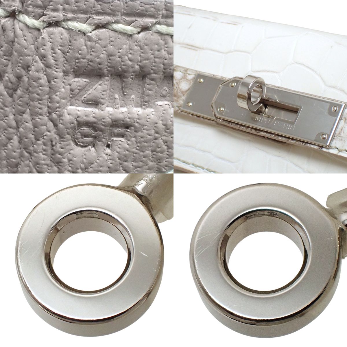 Kelly 28 (Sellier) Himalayan Niloticus Matte Crocodile Palladium Hardware White Brown Z stamp