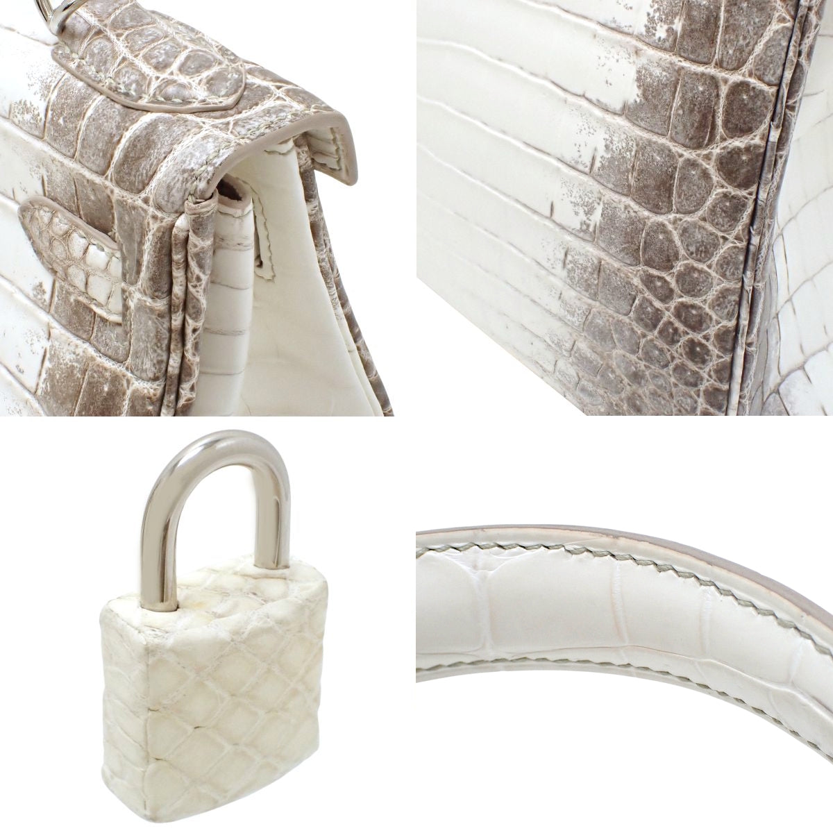 Kelly 28 (Sellier) Himalayan Niloticus Matte Crocodile Palladium Hardware White Brown Z stamp