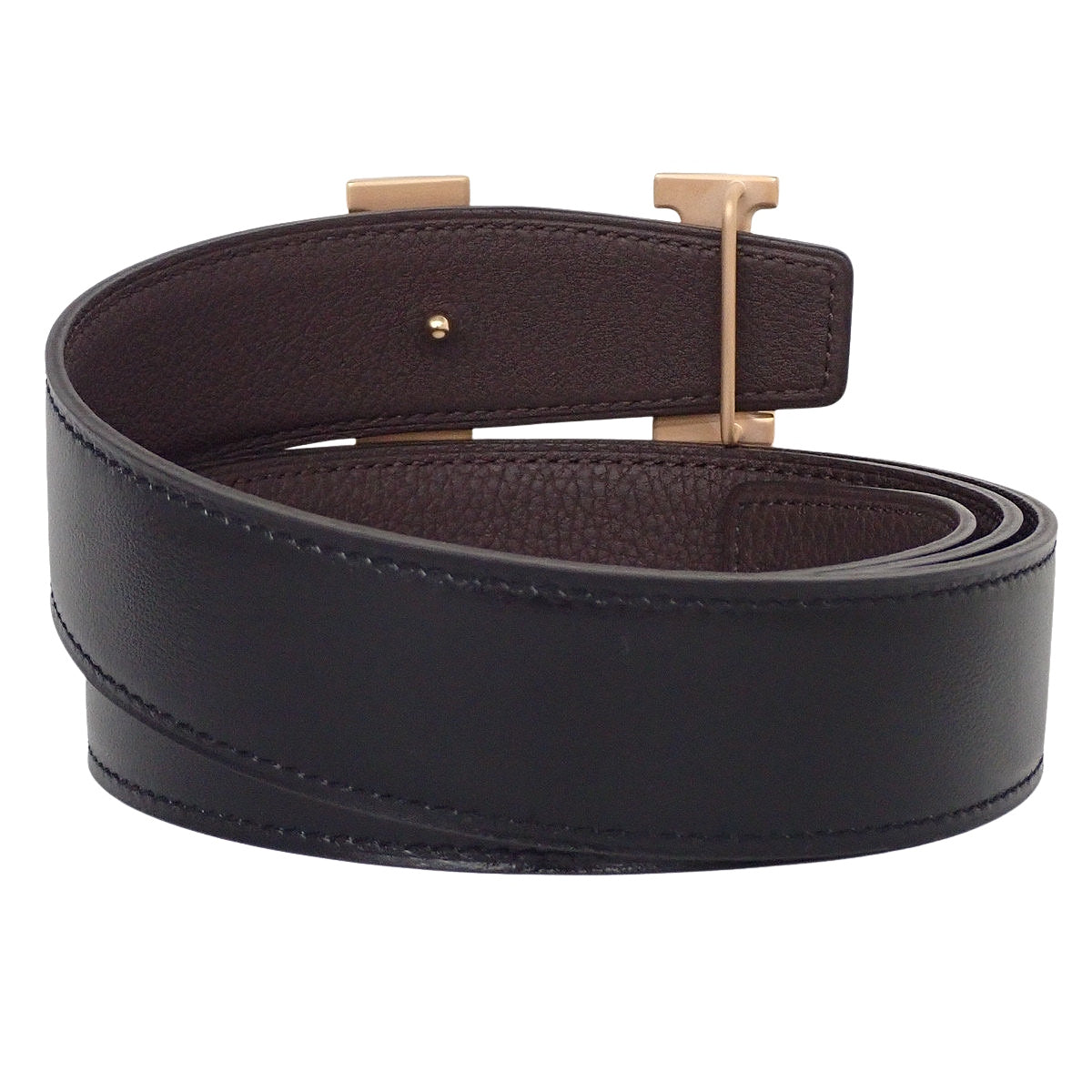 Constance H Belt Reversible 90 Boxcalf Togo Chocolat Black W stamp