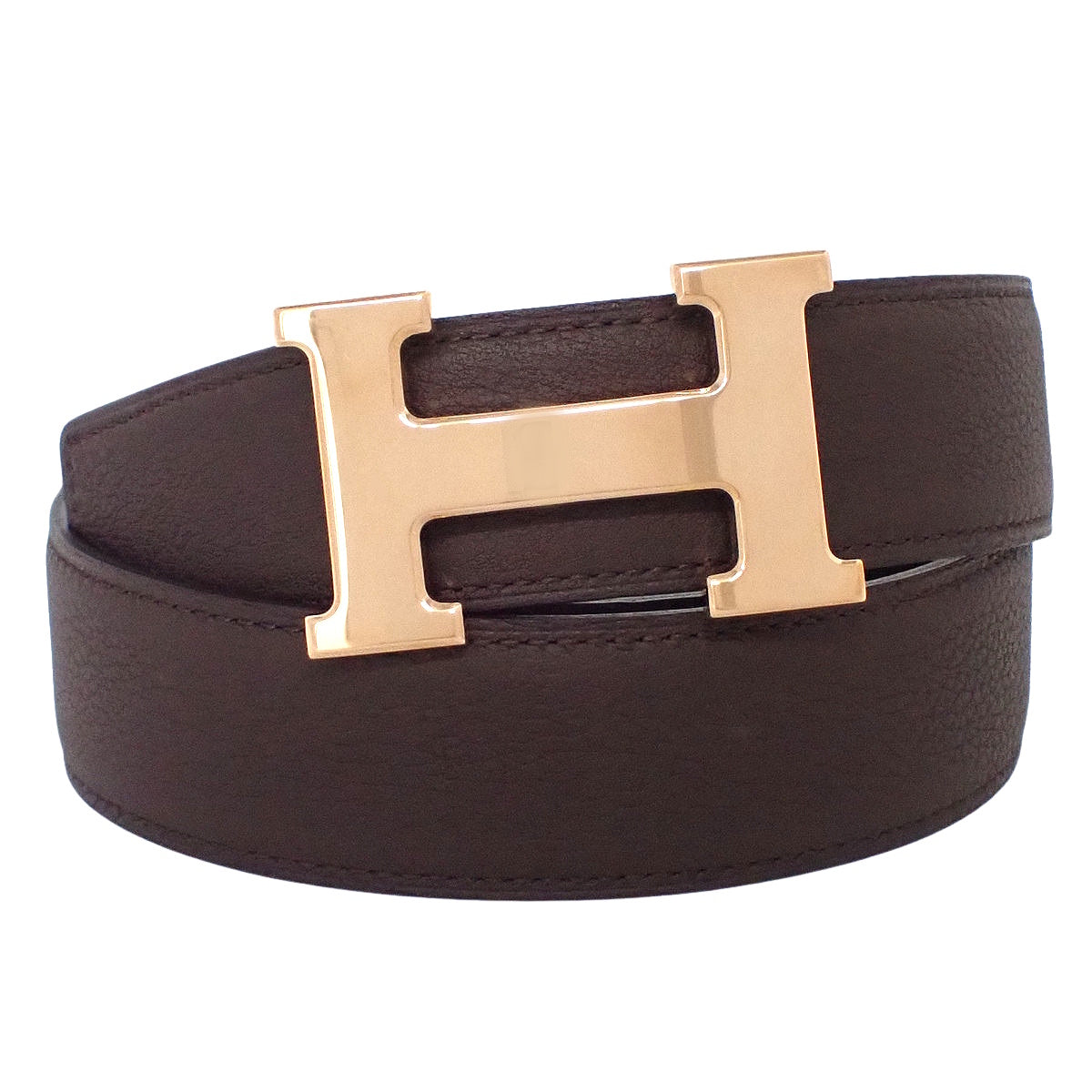 Constance H Belt Reversible 90 Boxcalf Togo Chocolat Black W stamp