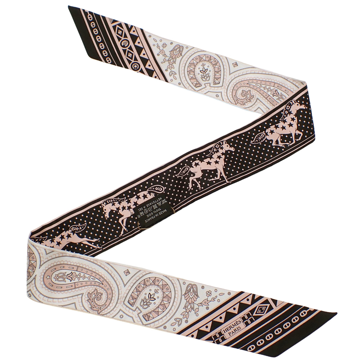 爱马仕 Cheval de Coeur Bandana Twilly 丝巾 玫瑰红 黑色 白色 H064259S 07
