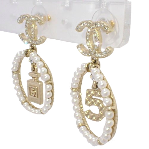 Cocomark No. 5 Perfume Pearl Earrings, Metal (GP), Faux Pearl and Rhinestone Hoop Dangles