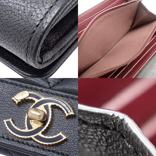 Matelasse Mademoiselle Bifold Long Wallet, Leather, Black, Bordeaux, Coco Mark, Bifold Long Wallet