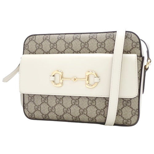 Horsebit 1955 Small Shoulder Bag, GG Supreme Canvas and Leather, Beige and White, 645454. Can be worn on the shoulder or crossbody.
