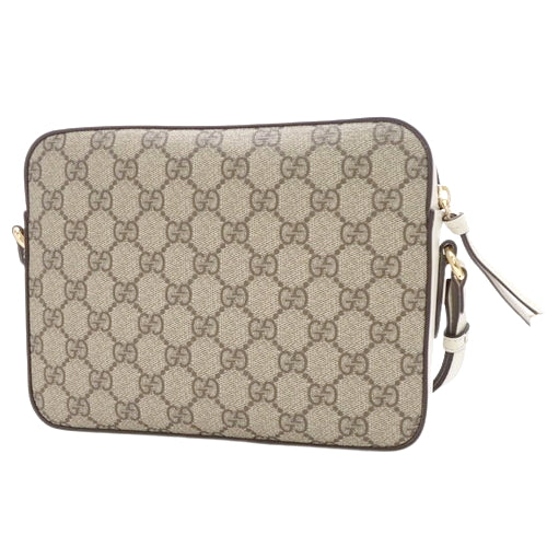 Horsebit 1955 Small Shoulder Bag, GG Supreme Canvas and Leather, Beige and White, 645454. Can be worn on the shoulder or crossbody.