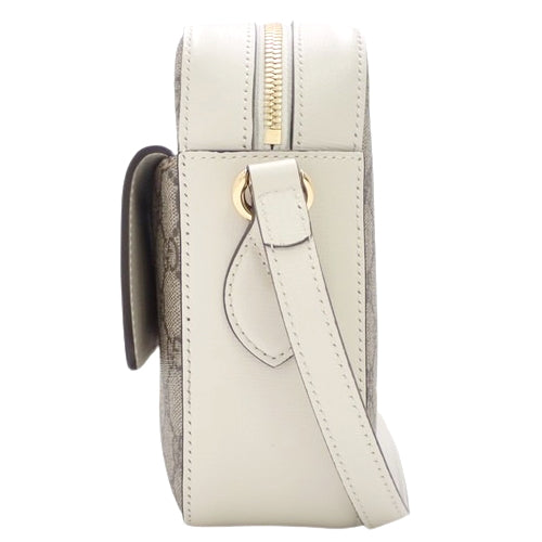 Horsebit 1955 Small Shoulder Bag, GG Supreme Canvas and Leather, Beige and White, 645454. Can be worn on the shoulder or crossbody.