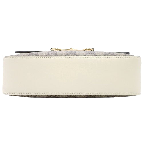 Horsebit 1955 Small Shoulder Bag, GG Supreme Canvas and Leather, Beige and White, 645454. Can be worn on the shoulder or crossbody.