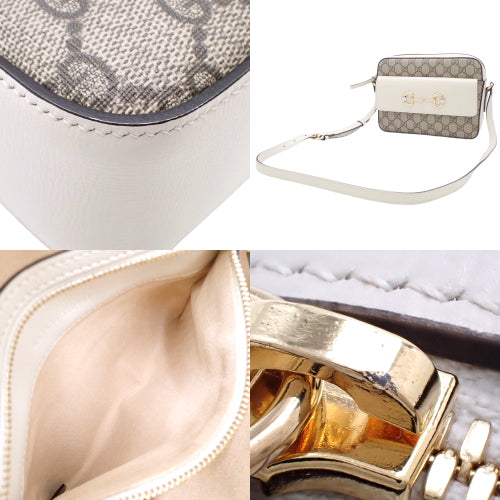 Horsebit 1955 Small Shoulder Bag, GG Supreme Canvas and Leather, Beige and White, 645454. Can be worn on the shoulder or crossbody.