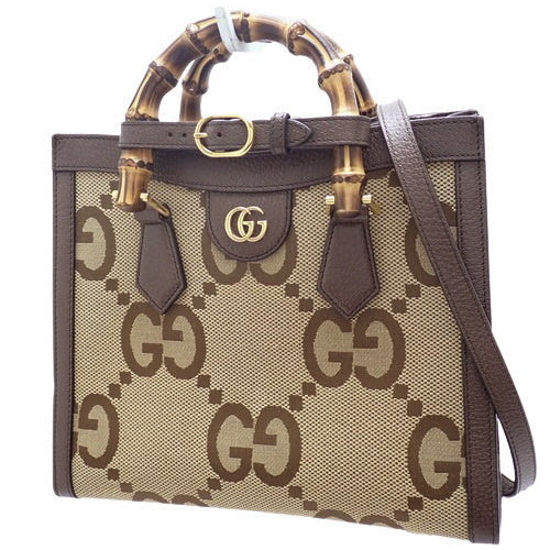 Gucci Diana Small Tote Bag in Jumbo GG Leather and Jumbo GG Canvas, Camel/Ebony, 660195. Features a shoulder strap, 2-way carrying option, and bamboo handle.