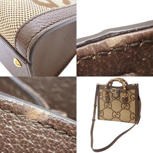 Gucci Diana Small Tote Bag in Jumbo GG Leather and Jumbo GG Canvas, Camel/Ebony, 660195. Features a shoulder strap, 2-way carrying option, and bamboo handle.