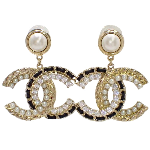 Matelasse Coco Mark Pearl Rhinestone Earrings, Metal (GP), Rhinestones, Faux Pearl/Leather, Accessories, Jewelry, Swing, Dangle