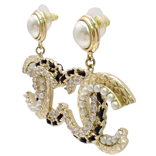 Matelasse Coco Mark Pearl Rhinestone Earrings, Metal (GP), Rhinestones, Faux Pearl/Leather, Accessories, Jewelry, Swing, Dangle