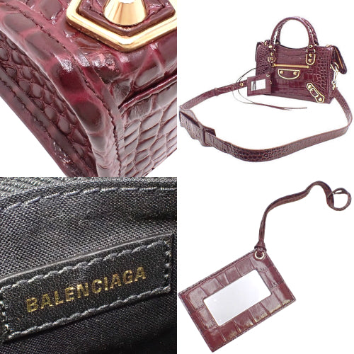 Classic Metallic Edge Mini City Leather Bag, Bordeaux, 390160, 2-way shoulder bag, can be carried on the shoulder or crossbody, crocodile embossed.