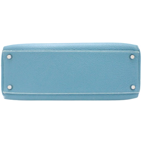 Kelly 32 (inner-stitched) Toray Clemence, palladium hardware, Bleu Jean, silver hardware, □H stamp.