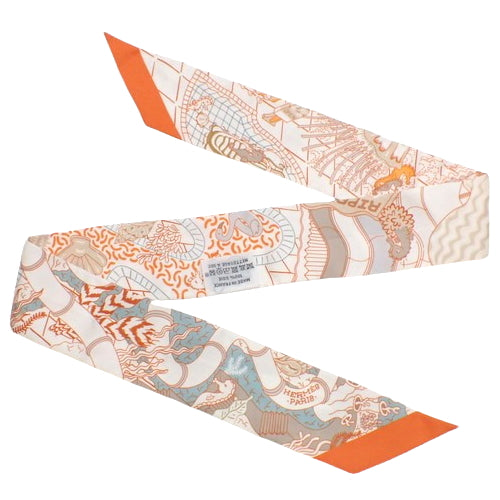 SPLASH PARK Twilly, Apparel, Fashion Accessories, Bag Accessories, Silk, Blanc/Orange/Vert de Gris