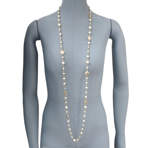 Coco Mark Pearl Long Necklace, Metal (GP), Fake Pearl, Accessory, Jewelry, Flower.