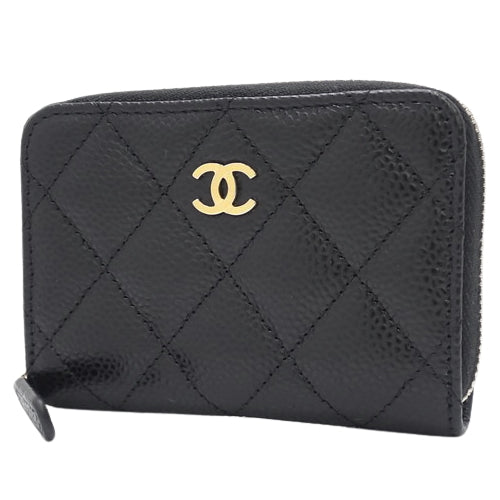 Matelasse Classic Zip Coin Purse, Caviar Skin, Black, AP0216. Wallet, Round Zipper, Mini Wallet, CC Mark, Card Case.
