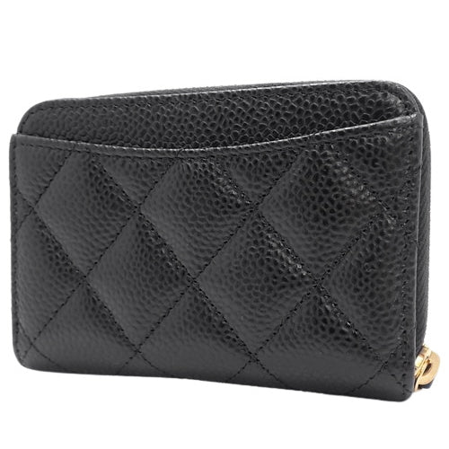 Matelasse Classic Zip Coin Purse, Caviar Skin, Black, AP0216. Wallet, Round Zipper, Mini Wallet, CC Mark, Card Case.