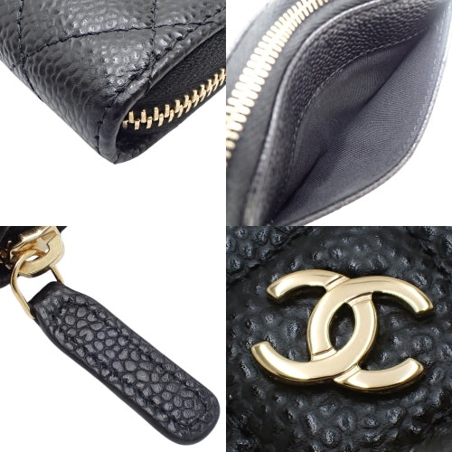 Matelasse Classic Zip Coin Purse, Caviar Skin, Black, AP0216. Wallet, Round Zipper, Mini Wallet, CC Mark, Card Case.