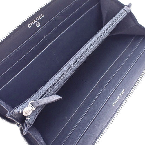 Tweed Stitch Round Zipper Wallet, Lambskin, Navy and Pink, Long Wallet, Coco Mark, Round Zip.
