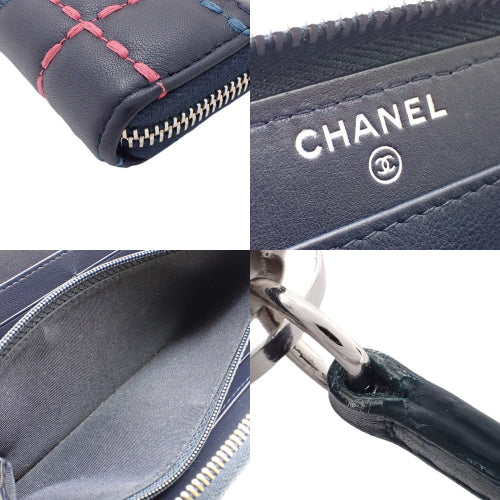 Tweed Stitch Round Zipper Wallet, Lambskin, Navy and Pink, Long Wallet, Coco Mark, Round Zip.