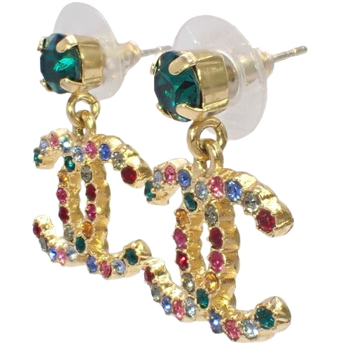 Coco Mark Multi-Color Stone Earrings, Metal (GP), Rhinestone, Accessory, Jewelry, Dangle