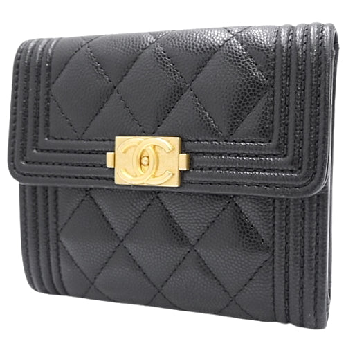 Boy Chanel Tri-Fold Wallet, Caviar Skin, Black, Coco Mark, 3-Fold Wallet