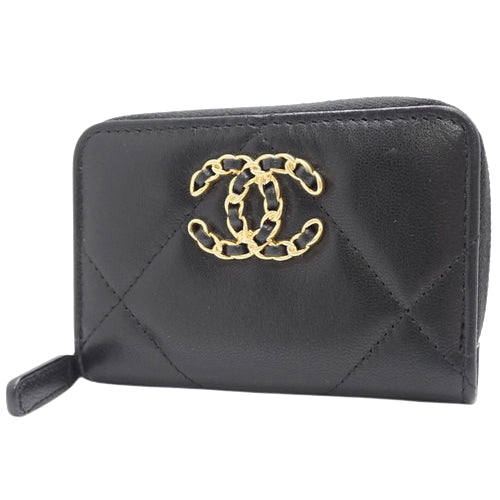 Chanel 19 Coco Mark Zip Coin Purse Round Zipper Mini Wallet Card Case Lambskin