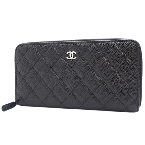 Matelasse Coco Mark Round-Zip Long Wallet, Caviar Skin, Black, A50097. (Long Wallet, Round Zip, Accessory)