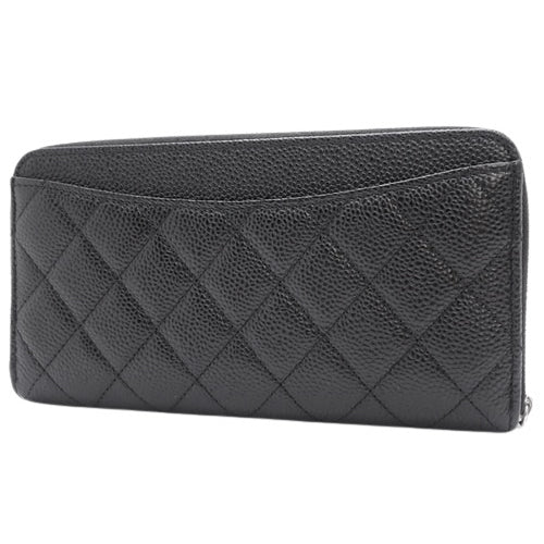 Matelasse Coco Mark Round-Zip Long Wallet, Caviar Skin, Black, A50097. (Long Wallet, Round Zip, Accessory)