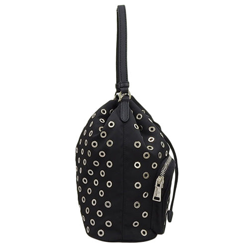 Punched 2-Way Drawstring Bag, Nylon, Black, Shoulder Bag, Triangle Logo, Mini Bag