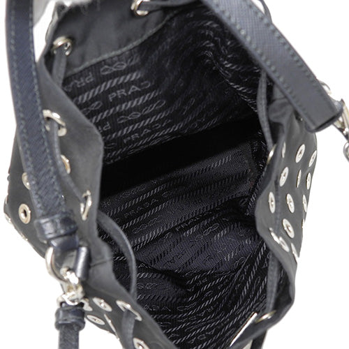 Punched 2-Way Drawstring Bag, Nylon, Black, Shoulder Bag, Triangle Logo, Mini Bag