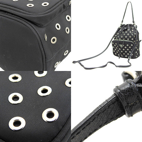 Punched 2-Way Drawstring Bag, Nylon, Black, Shoulder Bag, Triangle Logo, Mini Bag