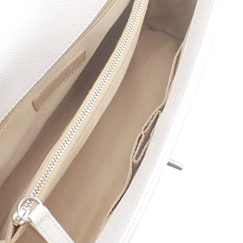 Chevron Top Handle Chain Shoulder Bag, Caviar Skin, White, Coco Handle, 2-Way (shoulder or crossbody)