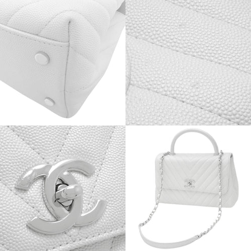 Chevron Top Handle Chain Shoulder Bag, Caviar Skin, White, Coco Handle, 2-Way (shoulder or crossbody)
