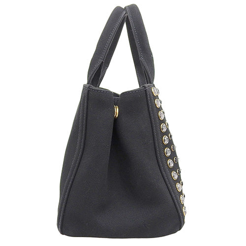 Fendi Canapa tote bag in canvas, Nero (black). 1BG439. Features jeweled studs and can be carried as a tote or shoulder bag.