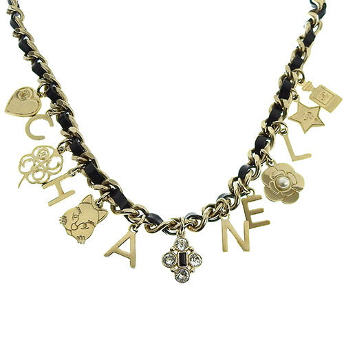 Leather Chain Necklace, Metal (GP), Rhinestone, Leather Cat, Camellia, Heart, Star