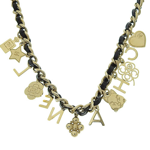 Leather Chain Necklace, Metal (GP), Rhinestone, Leather Cat, Camellia, Heart, Star