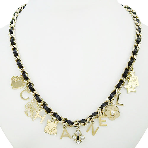 Leather Chain Necklace, Metal (GP), Rhinestone, Leather Cat, Camellia, Heart, Star