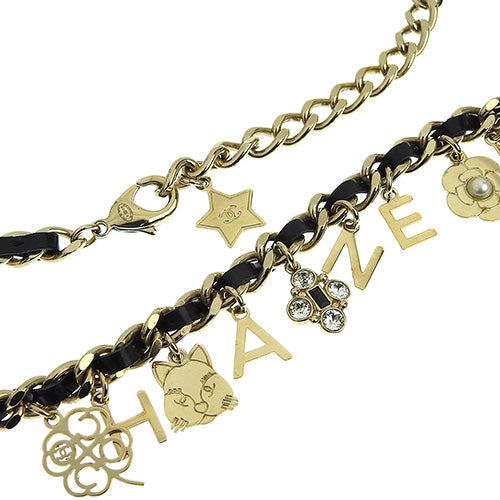Leather Chain Necklace, Metal (GP), Rhinestone, Leather Cat, Camellia, Heart, Star