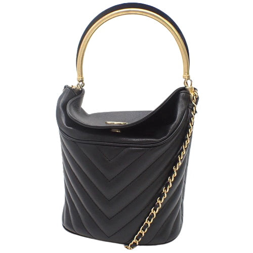 Chevron Coco Handle V-Stitch Bag, Lambskin, Black, 2-Way, Chain Shoulder, Shoulder Bag, Crossbody Bag