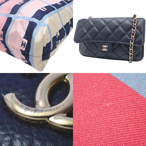 Matelasse Coco Mark Eco Bag, Caviar Skin, Nylon, Navy, Red, Pink, AP2095, Shoulder Bag, Chain Shoulder Bag