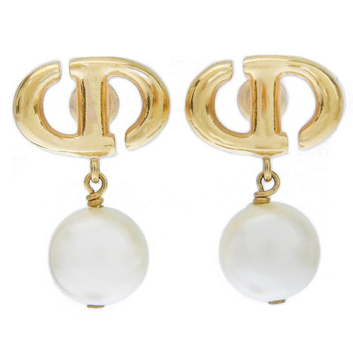 CD Logo Pearl Earrings, Metal (GP), Fake Pearl, Accessory, Jewelry, Swing.