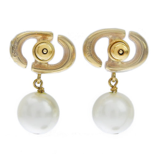 CD Logo Pearl Earrings, Metal (GP), Fake Pearl, Accessory, Jewelry, Swing.