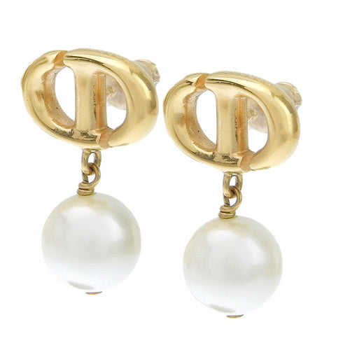 CD Logo Pearl Earrings, Metal (GP), Fake Pearl, Accessory, Jewelry, Swing.