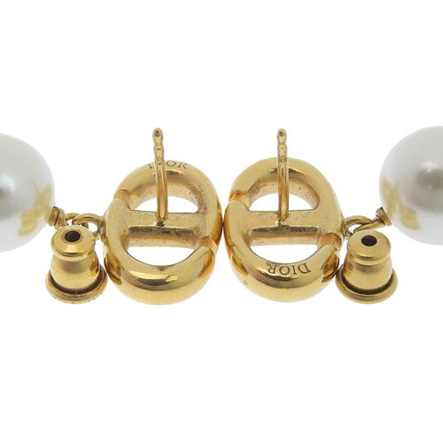 CD Logo Pearl Earrings, Metal (GP), Fake Pearl, Accessory, Jewelry, Swing.