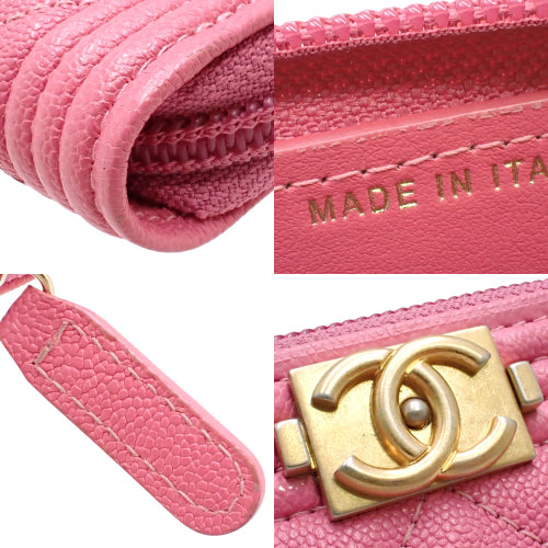 マトラッセ/ボーイシャネル ココマーク ジップ コインパース キャビアスキン ピンク A80602 ラウンドファスナー ミニ財布 カードケース